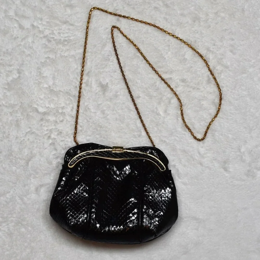Vintage Snakeskin Shoulder Bag Clutch Crystals Party Cocktail Party 80s Black